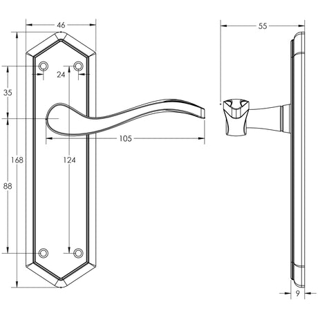 Technical drawing of of Frelan - Paris Suite Door Handles on Latchplate Satin Chrome Sku. JV281SC