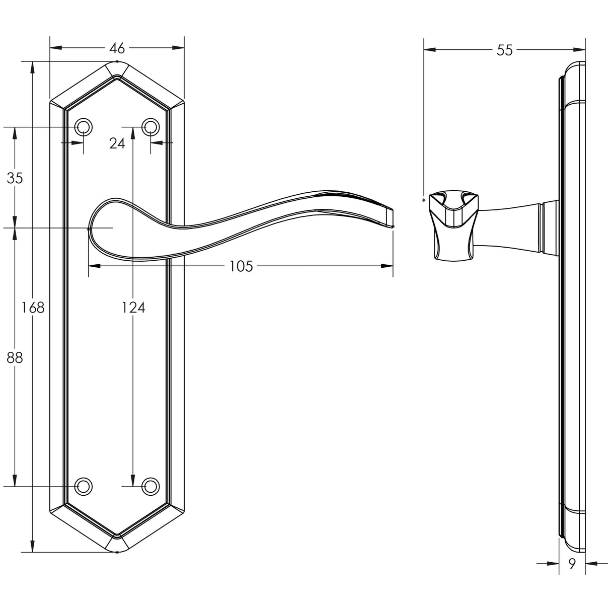 Technical drawing of of Frelan - Paris Suite Door Handles on Latchplate Polished Chrome Sku. JV281PC