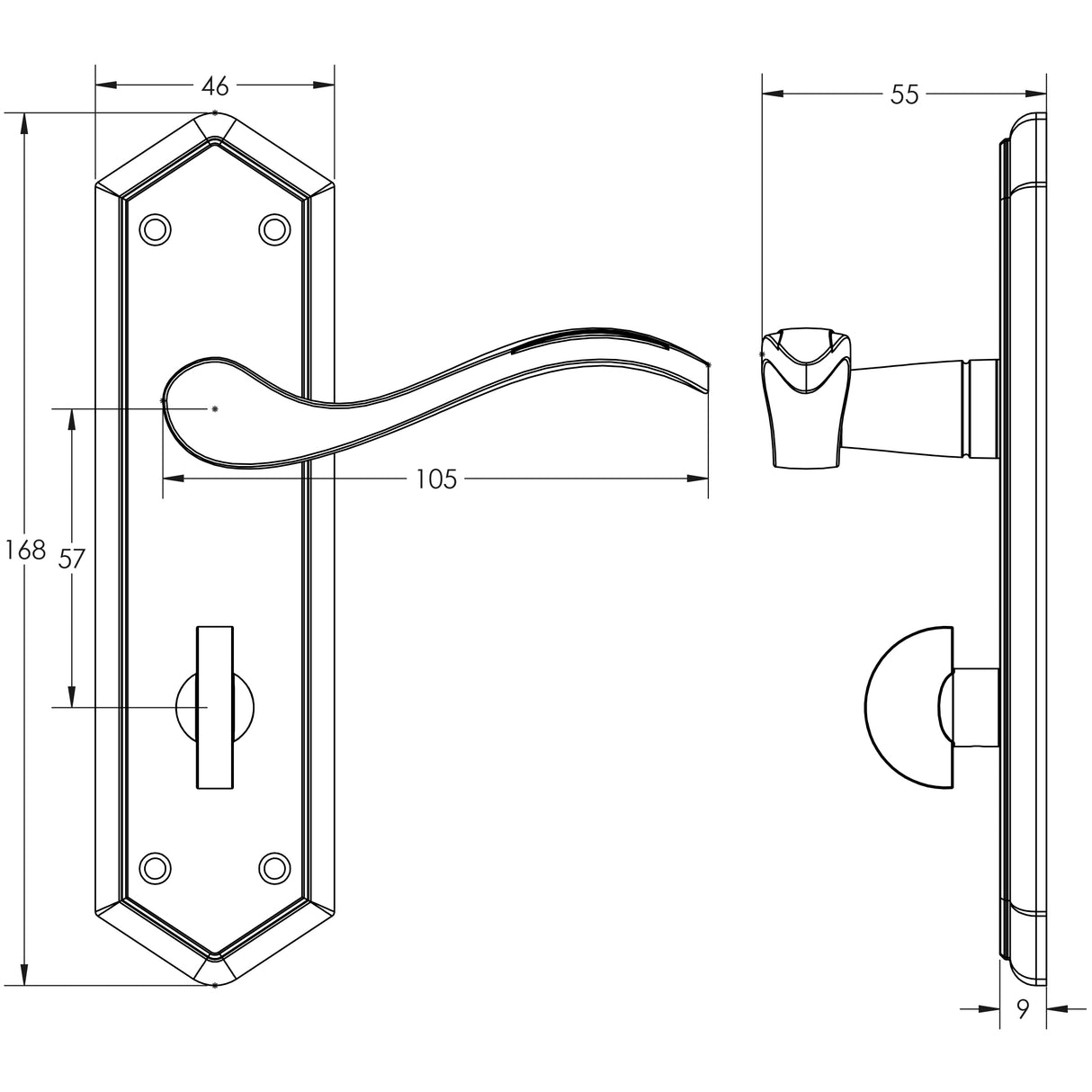 Technical drawing of of Frelan - Paris Suite Door Handles on Bathroom Plate Satin Chrome Sku. JV283SC