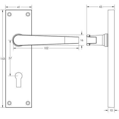 Technical drawing of of Frelan - Victorian Straight Door Handle on Lockplate Polished Brass Sku. JV30PB