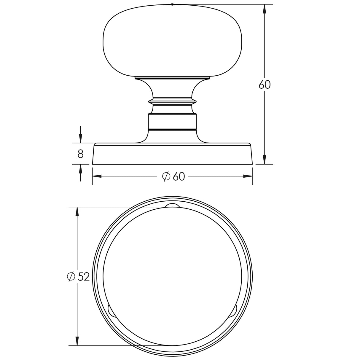Technical drawing of of Frelan - Jedo Mushroom Mortice Door Knobs 60mm Diameter Polished Chrome Sku. JV35PC