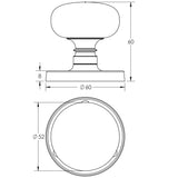 Technical drawing of of Frelan - Jedo Mushroom Mortice Door Knobs 60mm Diameter Polished Chrome Sku. JV35PC