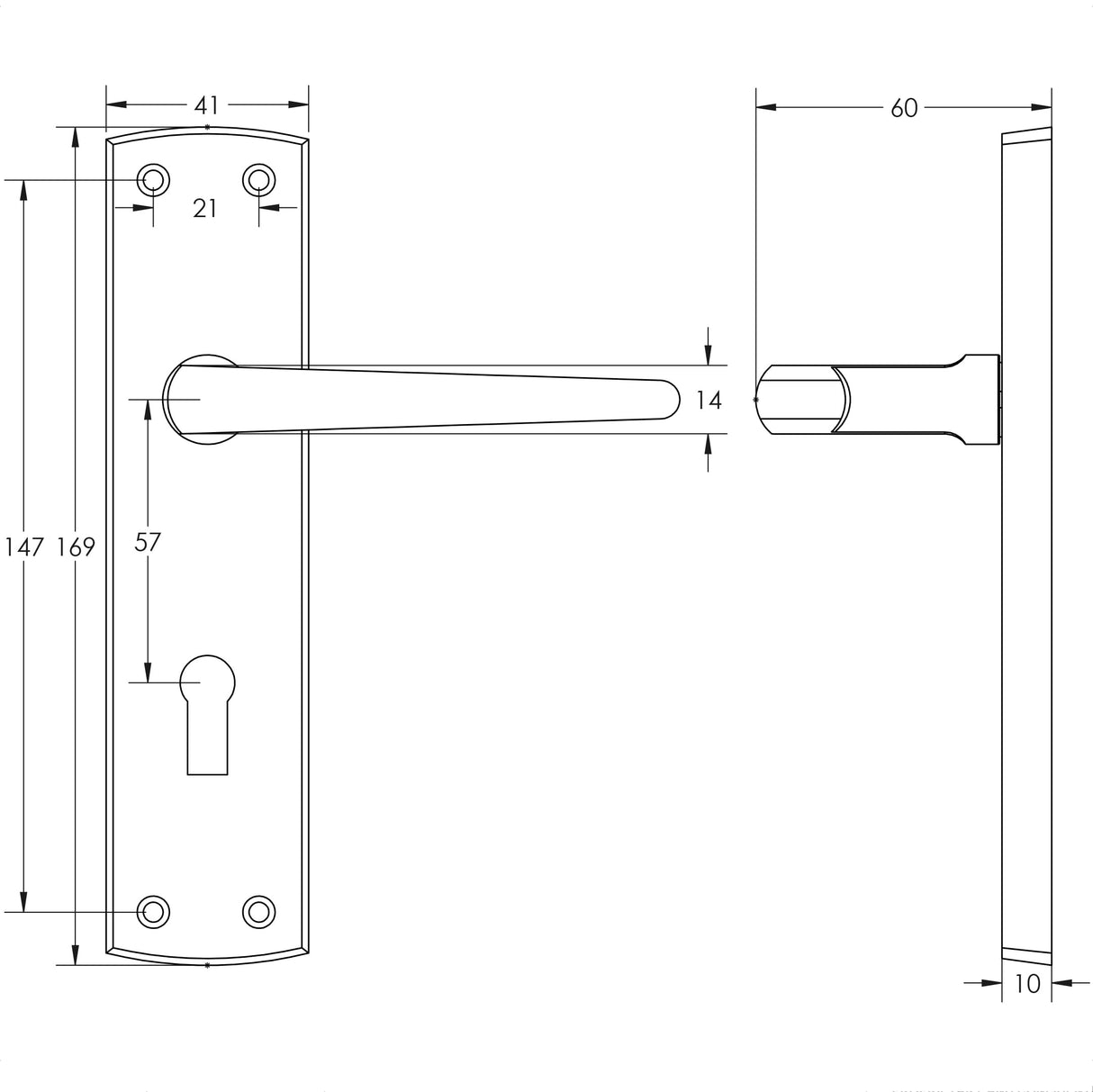 Technical drawing of of Frelan - Bray Door Handle on Lockplate Polished Chrome Sku. JV390PC