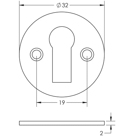 Technical drawing of of Frelan - Jedo Round Open Escutcheon Standard Keyway 32mm Polished Chrome Sku. JV41PC