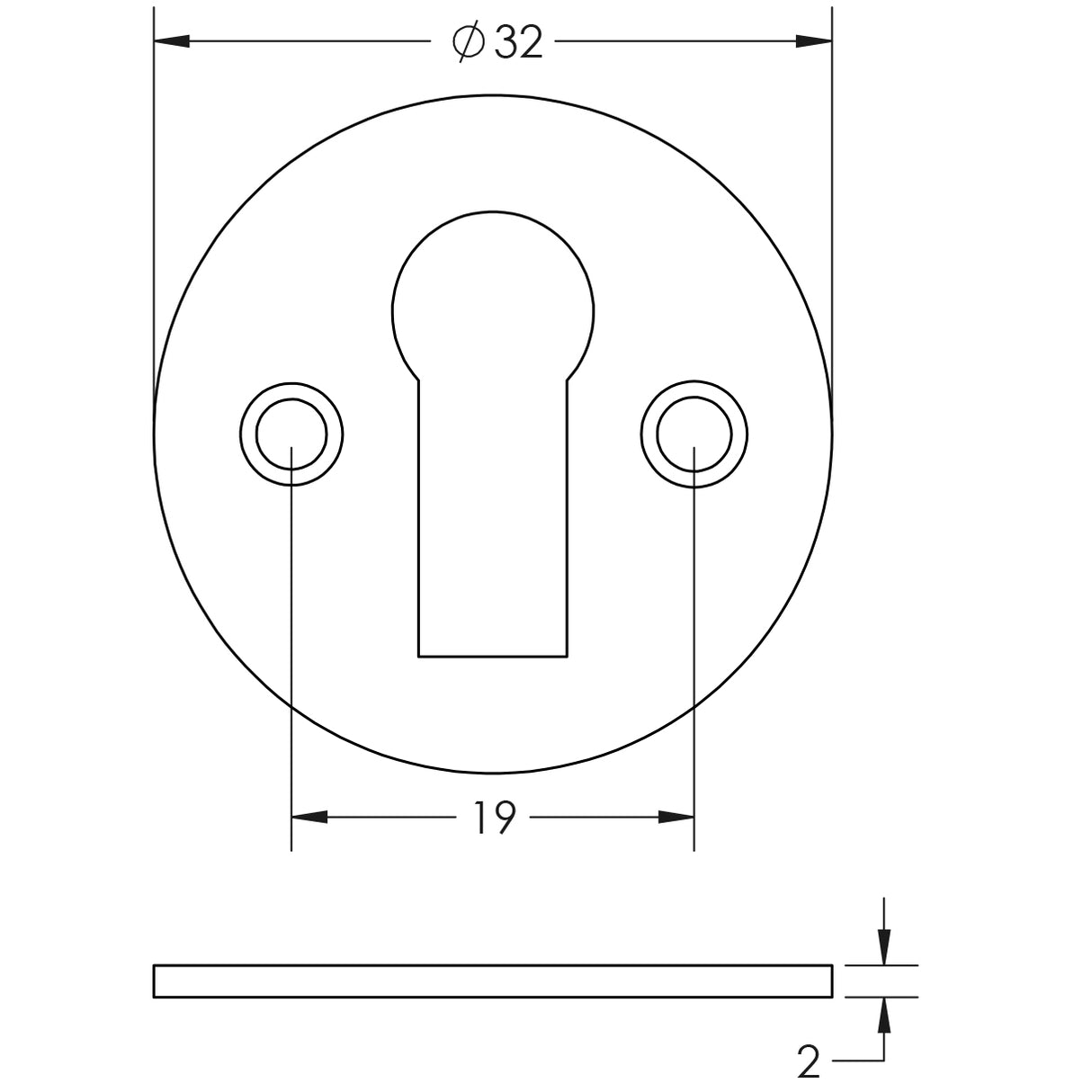 Technical drawing of of Frelan - Jedo Round Open Escutcheon Standard Keyway 32mm Polished Brass Sku. JV41PB