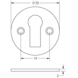 Technical drawing of of Frelan - Jedo Round Open Escutcheon Standard Keyway 32mm Polished Brass Sku. JV41PB