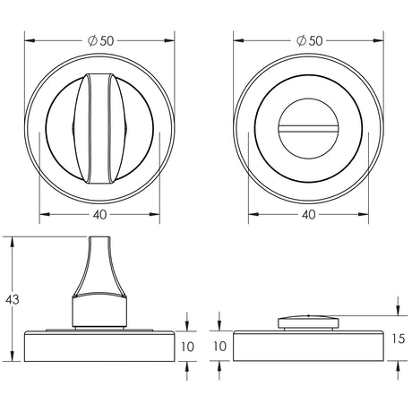Technical drawing of of Frelan - Jedo Designer Turns & Releases 50mm Round Rose no Indicator 50x10mm Polished Chrome Sku. JV422PC