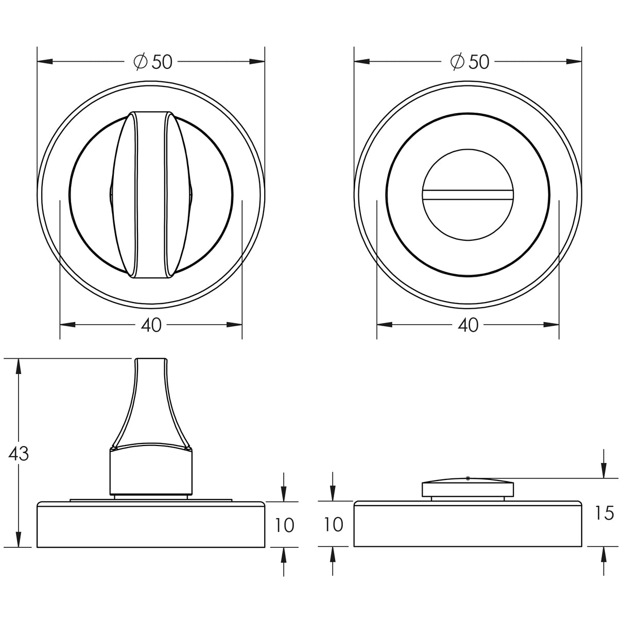 Technical drawing of of Frelan - Jedo Dual Turns & Releases 50mm Round Rose no Indicator Polished Chrome / Satin Chrome Sku. JV422PCSC