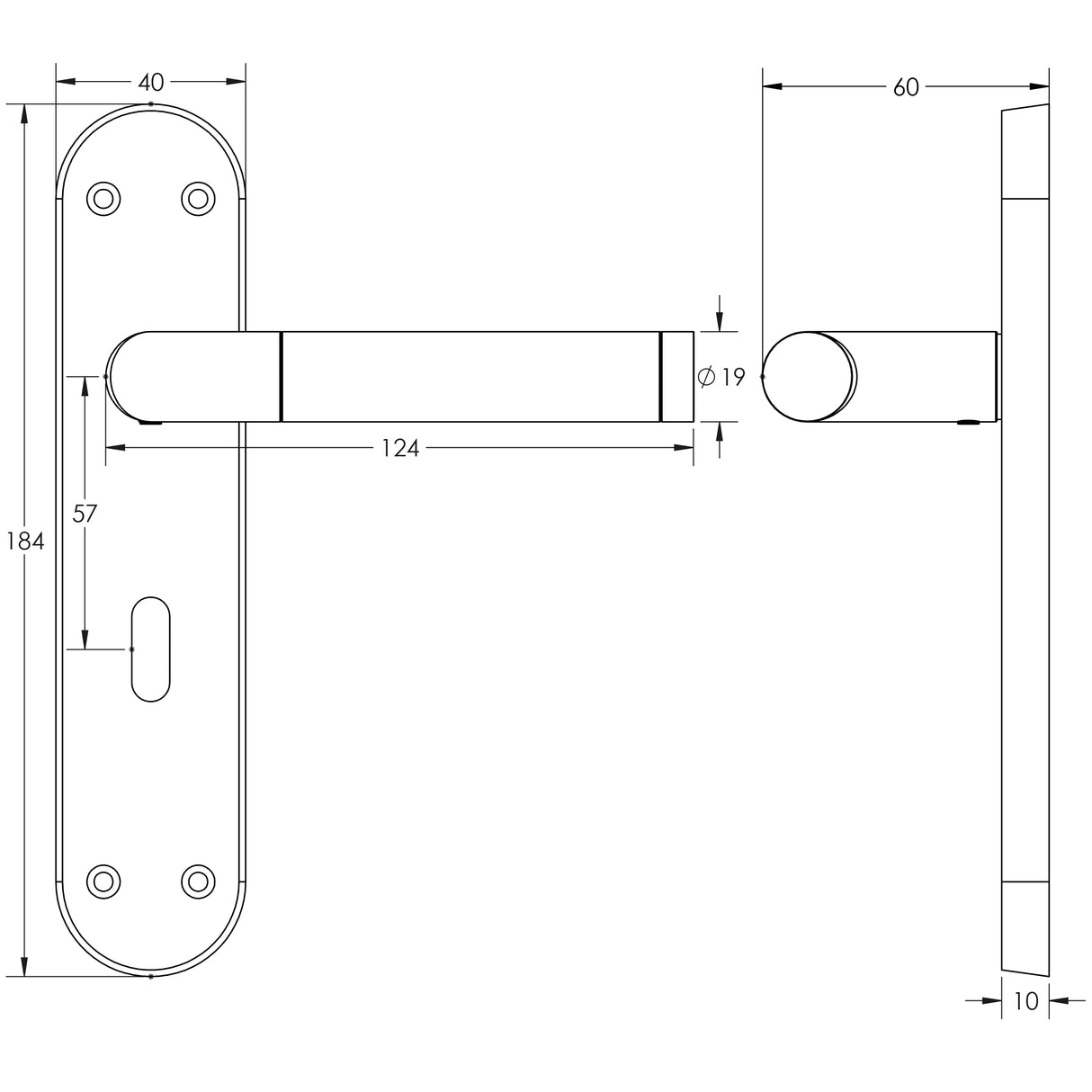 Technical drawing of of Frelan - Mitred Suite Door Handle on Lockplate Polished Chrome/Satin Chrome Sku. JV436PCSC