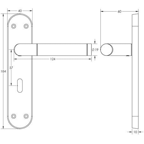 Technical drawing of of Frelan - Mitred Suite Door Handle on Lockplate Polished Chrome/Satin Chrome Sku. JV436PCSC