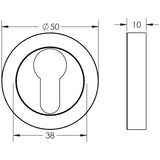 Technical drawing of of Frelan - Jedo Designer Euro Profile Escutcheons on 50mm Round Rose Satin Chrome Sku. JV503ESC