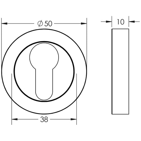 Technical drawing of of Frelan - Jedo Designer Euro Profile Escutcheons on 50mm Round Rose Satin Chrome Sku. JV503ESC