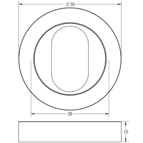 Technical drawing of of Frelan - Jedo Designer Oval Profile Escutcheons on 50mm Round Rose Brass Finish Sku. JV503UPVD