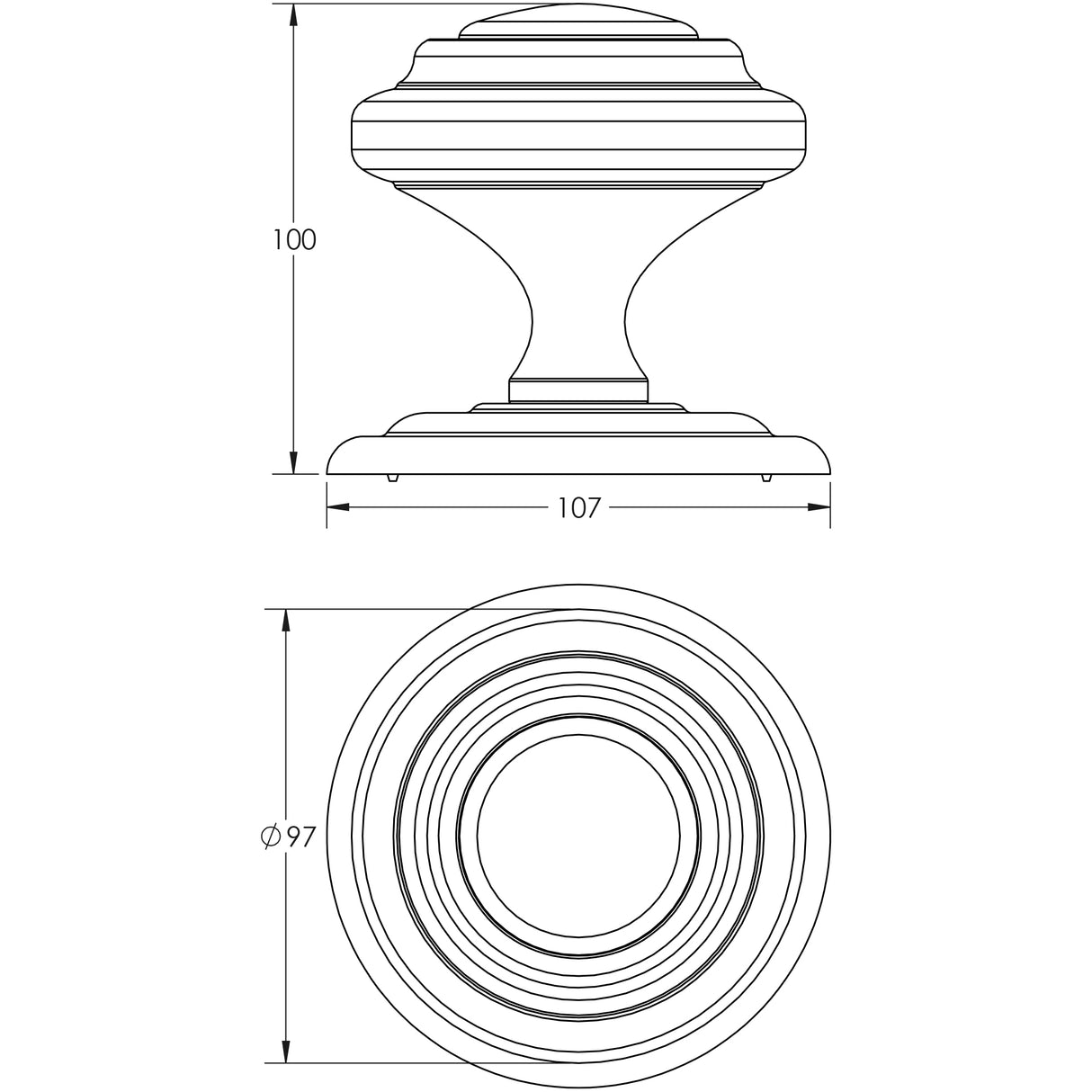 Technical drawing of of Frelan - Jedo Sloane Centre Door Knobs 102mm Polished Chrome Sku. JV57PC