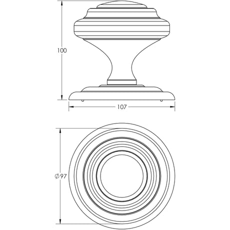 Technical drawing of of Frelan - Jedo Sloane Centre Door Knobs 102mm Polished Chrome Sku. JV57PC