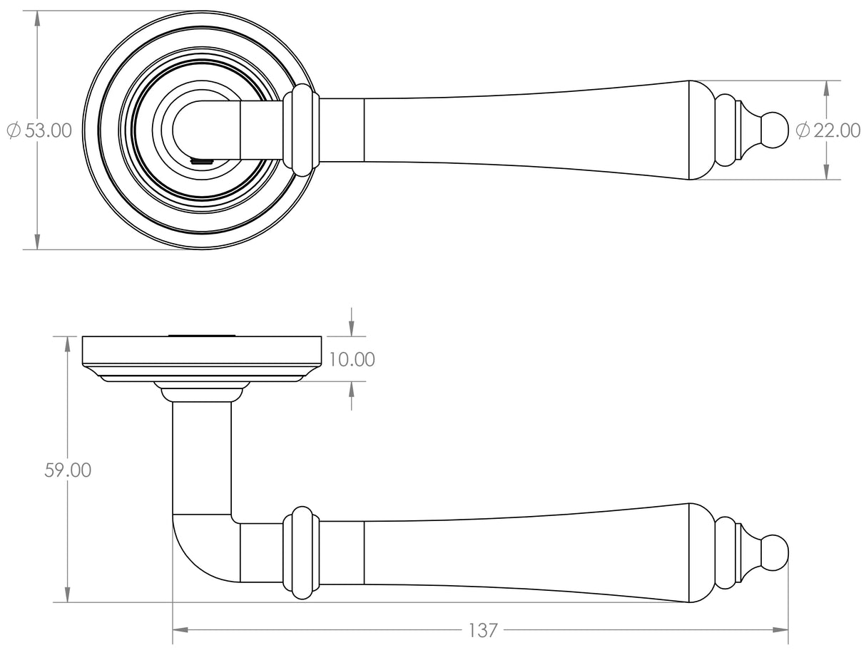 Technical drawing of of Frelan - Camille Door Handle on Rose Antique Brass Sku. JV651AB