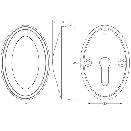 Technical drawing of of Frelan - Jedo Lined Oval Covered Escutcheon 36x55mm Antique Brass Sku. JV76AB