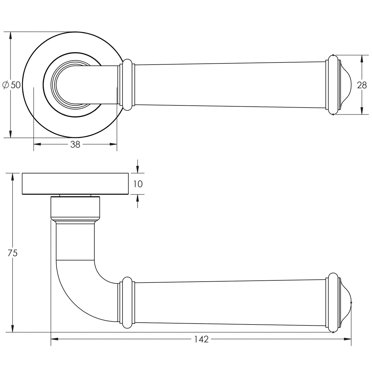 Technical drawing of of Frelan - Classic Matt Black Lever on rose Sku. JV847MB