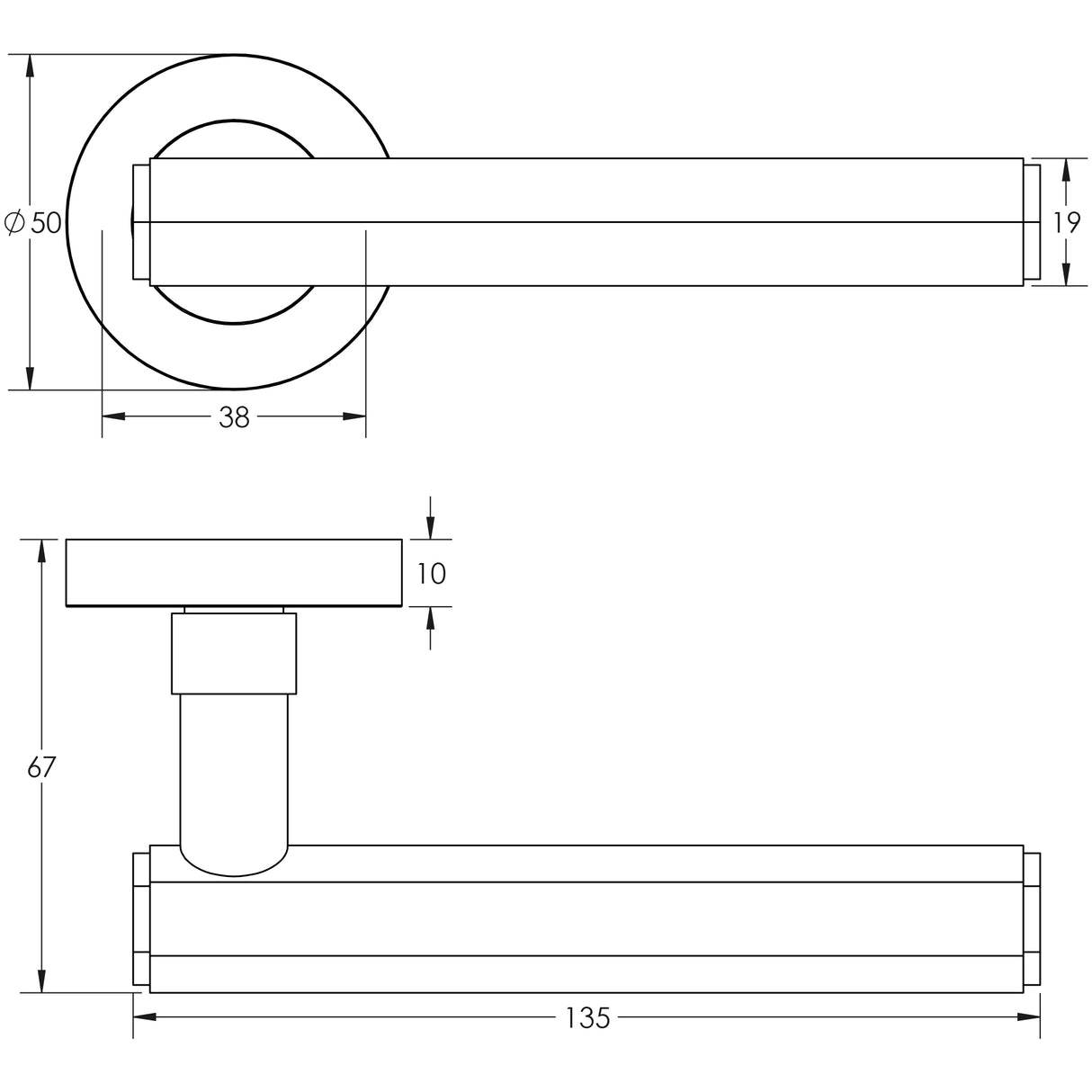 Technical drawing of of Frelan - Jedo Hex Black Door Handle Sku. JV849MB