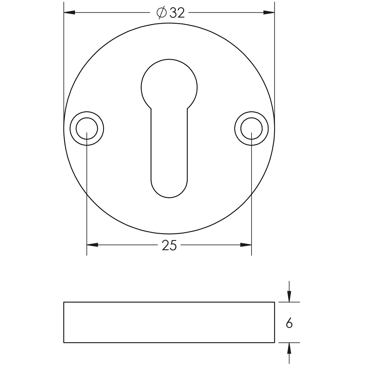 Technical drawing of of Frelan - Contemporary Antique Brass Escutcheons for Mortice Knobs Sku. JV866AB