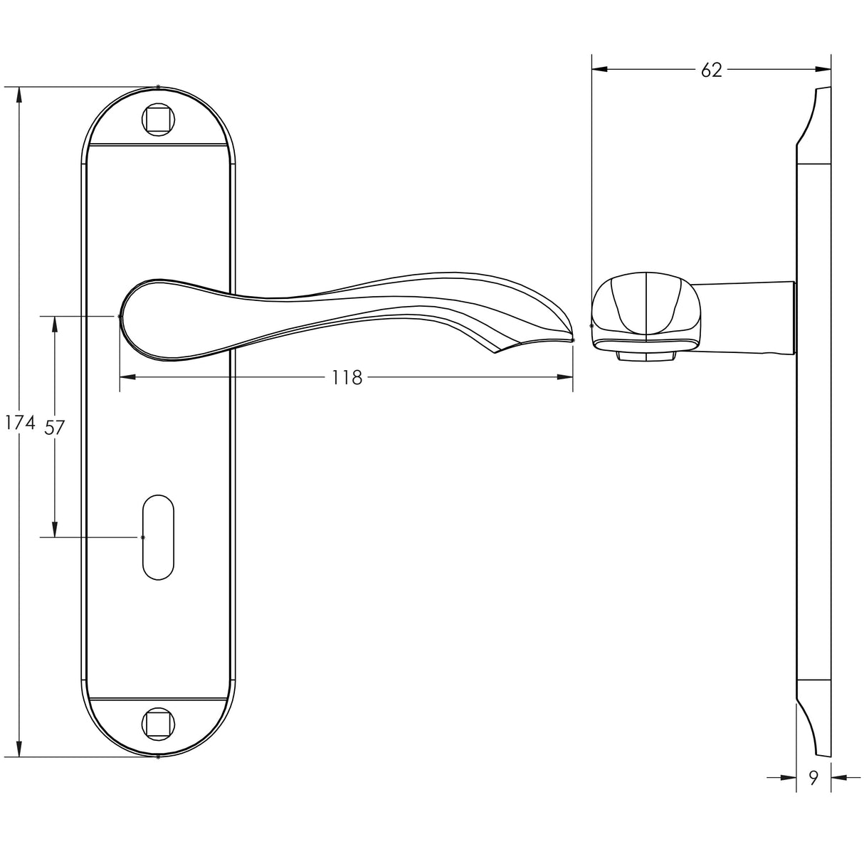 Technical drawing of of Frelan - Broadway Suite Door Handle on Lockplate Satin Chrome Sku. JV920SC