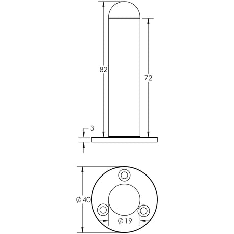 Technical drawing of of Frelan - Jedo Cylinder Wall Mounted Door Stop on Rose 75mm Polished Chrome Sku. JV9551BPC