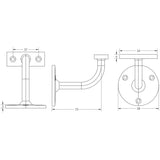 Technical drawing of of Frelan - Jedo Zinc Handrail Brackets 70mm Polished Chrome Sku. JV95APC