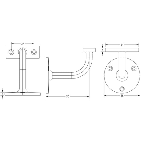 Technical drawing of of Frelan - Jedo Zinc Handrail Brackets 70mm Satin Chrome Sku. JV95ASC