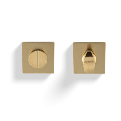 High quality image of Valli Turn & Release Push-on Square Rosette - Satin Brass PVD| Sku. K1104SQSBPVD |Trade Door Handles.
