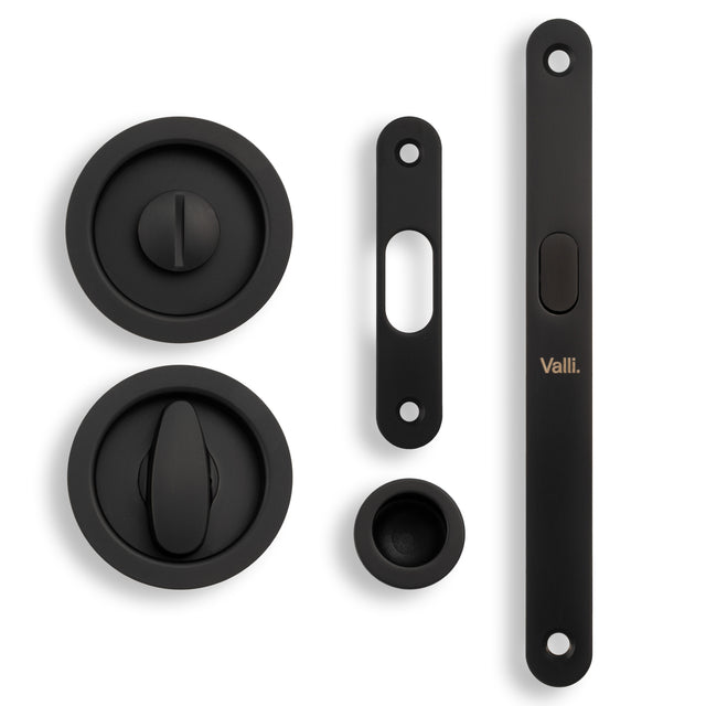 High quality image of Valli Radius Sliding Door Set - Matt Black PVD| Sku. K1500MBPVD |Trade Door Handles.