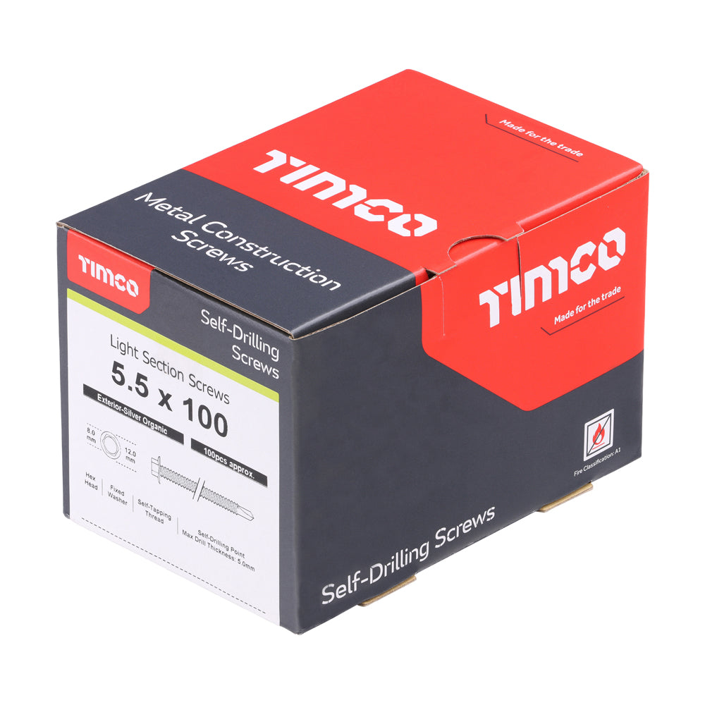 This is an image of Timco - Metal Construction Light Section Screws - Hex - Self-Drilling - Exterior - Silver Organic 5.5 x 100mm - (100 PCS Box) L100B