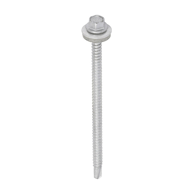 This is an image of Timco - Metal Construction Light Section Screws - Hex - EPDM Washer - Self-Drilling - Exterior - Silver Organic 5.5 x 100mm - (100 PCS Box) L100W16B