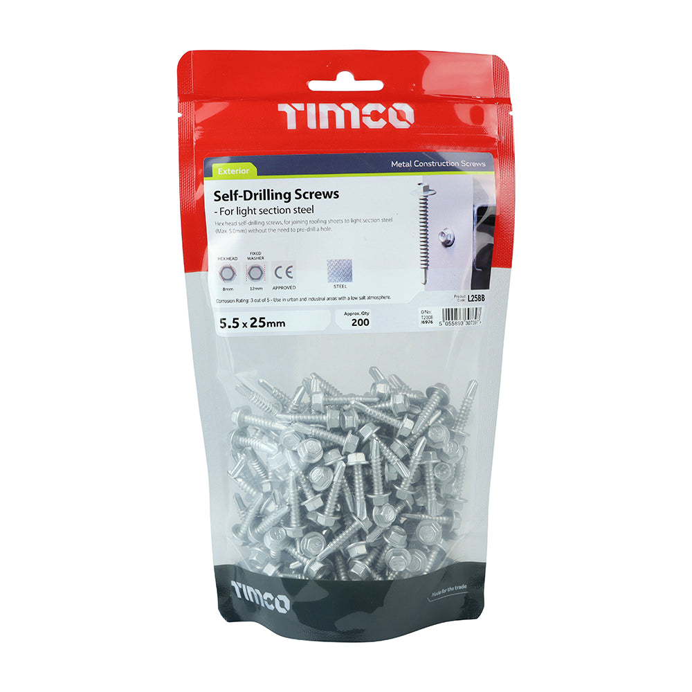 This is an image of Timco - Metal Construction Light Section Screws - Hex - Self-Drilling - Exterior - Silver Organic 5.5 x 25mm - (200 PCS TIMbag) L25BB