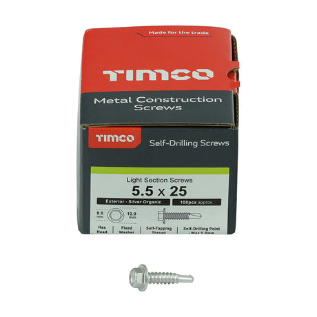 This is an image of Timco - Metal Construction Light Section Screws - Hex - Self-Drilling - Exterior - Silver Organic 5.5 x 25mm - (100 PCS Box) L25B