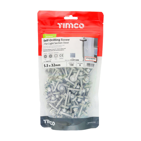 This is an image of Timco - Metal Construction Light Section Screws - Hex - EPDM Washer - Self-Drilling - Exterior - Silver Organic 5.5 x 32mm - (130 PCS TIMbag) L32W16BB