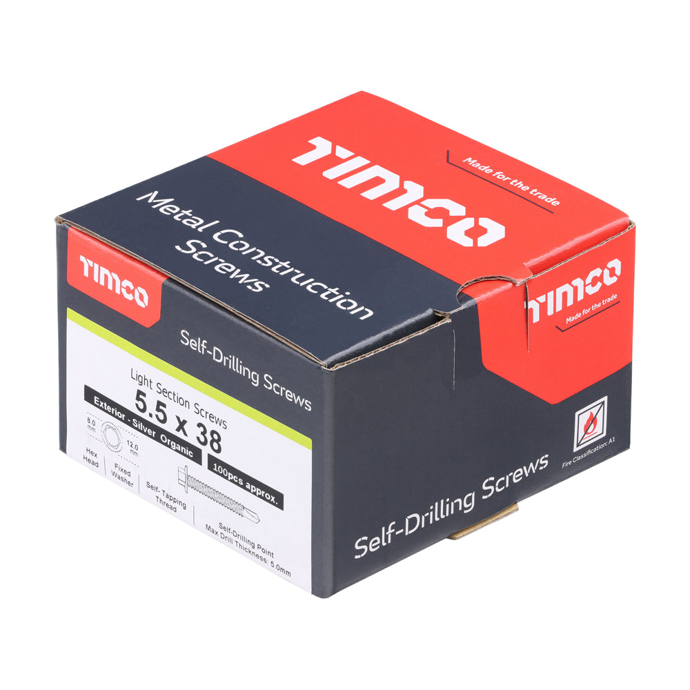 This is an image of Timco - Metal Construction Light Section Screws - Hex - Self-Drilling - Exterior - Silver Organic 5.5 x 38mm - (100 PCS Box) L38B