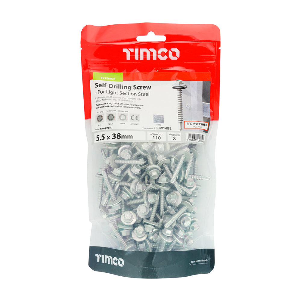 This is an image of Timco - Metal Construction Light Section Screws - Hex - EPDM Washer - Self-Drilling - Exterior - Silver Organic 5.5 x 38mm - (110 PCS TIMbag) L38W16BB
