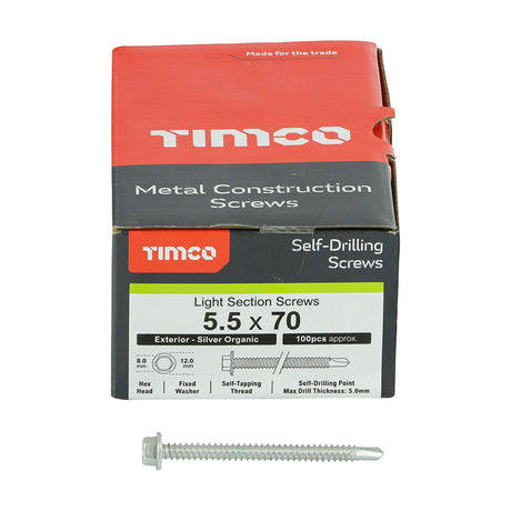 This is an image of Timco - Metal Construction Light Section Screws - Hex - Self-Drilling - Exterior - Silver Organic 5.5 x 70mm - (100 PCS Box) L70B