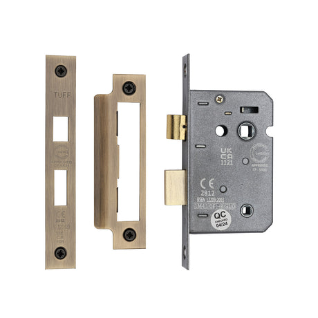 High quality image of the CE 3 Lever Bathroom Lock 2 1/2" Antique Brass Finish | Sku. lal1422-at | Discounted prices available from Trade Door Handles