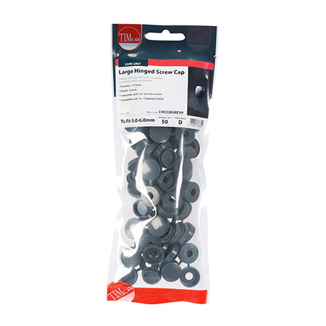 This is an image of Timco - Hinged Screw Caps - Large - Dark Grey To fit 5.0 to 6.0 Screw - (50 PCS TIMpac) LHCCDGREYP