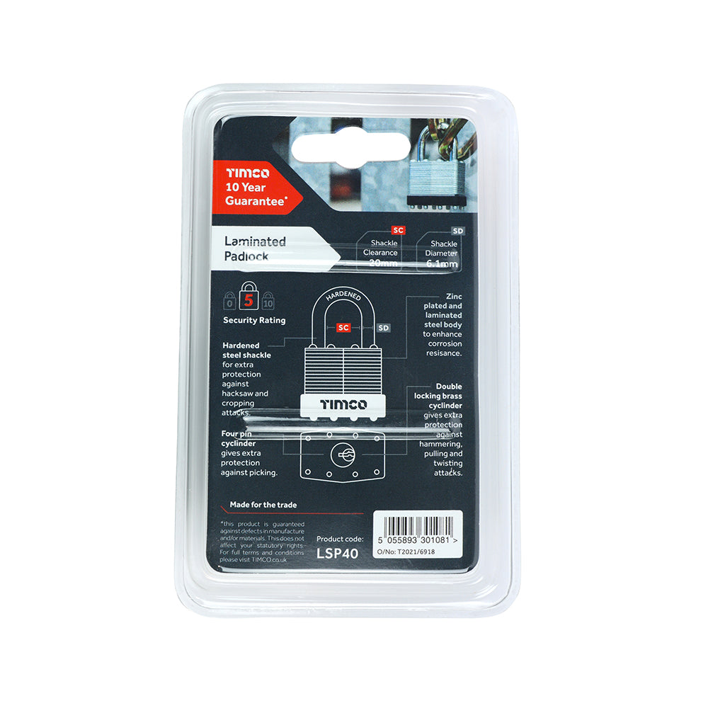This is an image of Timco - Laminated Padlock 40mm (1 Each Backing Card) LSP40