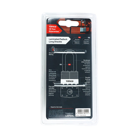 This is an image of Timco - Laminated Padlock Long Shackle 50mm (1 Each Blister Pack) LSP50L