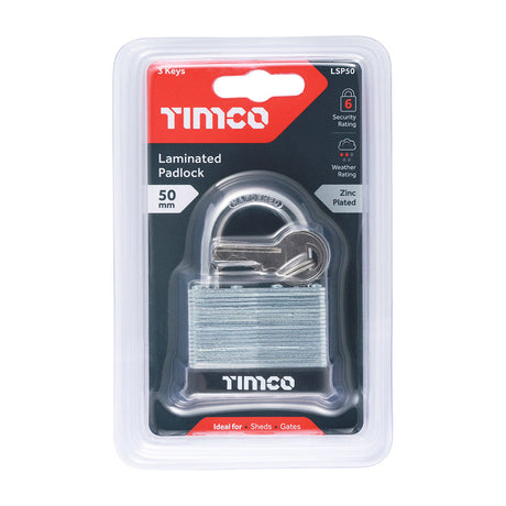 This is an image of Timco - Laminated Padlock 50mm (1 Each Backing Card) LSP50