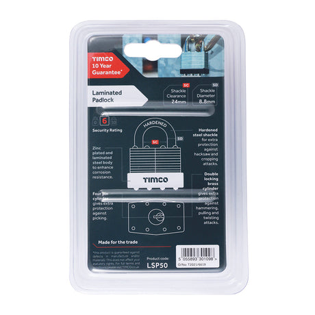 This is an image of Timco - Laminated Padlock 50mm (1 Each Backing Card) LSP50