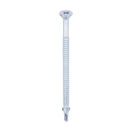 This is an image of Timco - Metal Construction Timber to Light Section Screws - Countersunk - Wing-Tip - Self-Drilling - Zinc 5.5 x 100mm - (100 PCS Box) LW100B