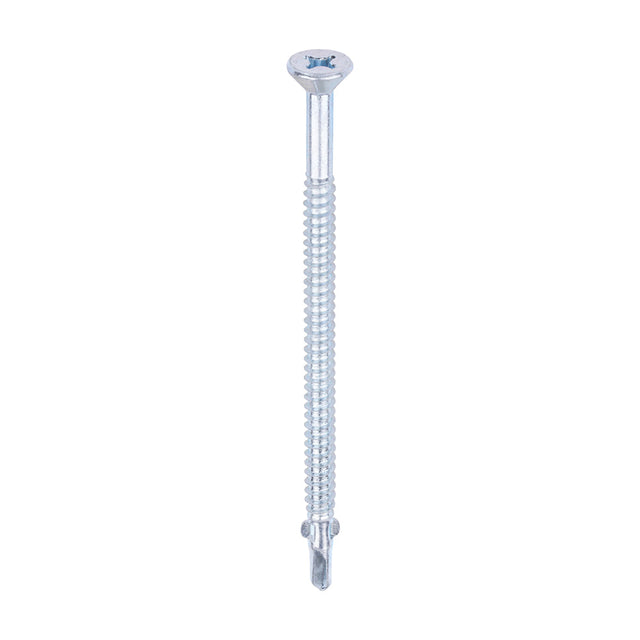 This is an image of Timco - Metal Construction Timber to Light Section Screws - Countersunk - Wing-Tip - Self-Drilling - Zinc 5.5 x 100mm - (100 PCS Box) LW100B