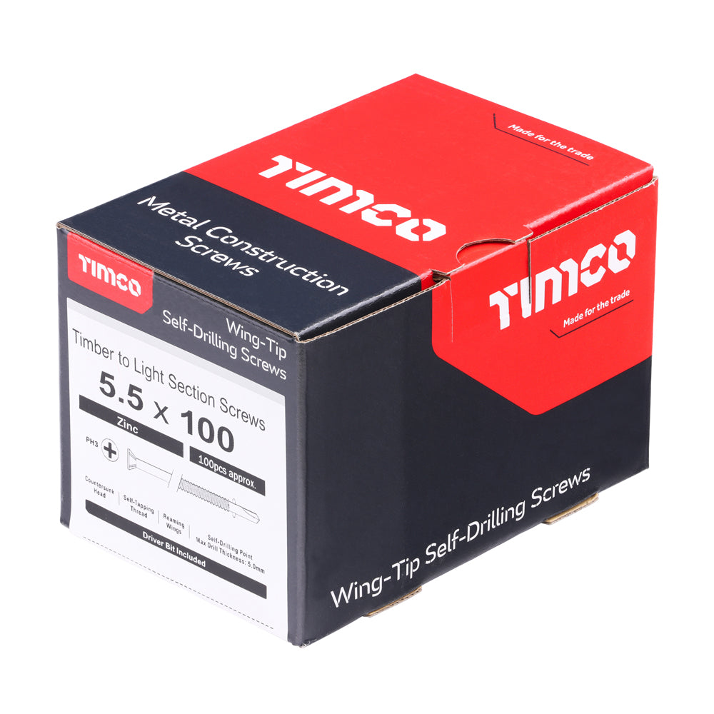This is an image of Timco - Metal Construction Timber to Light Section Screws - Countersunk - Wing-Tip - Self-Drilling - Zinc 5.5 x 100mm - (100 PCS Box) LW100B
