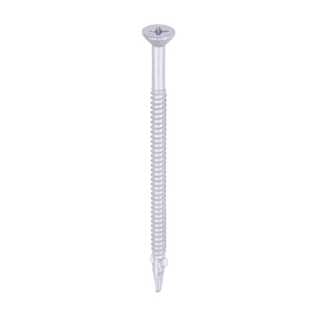 This is an image of Timco - Metal Construction Timber to Light Section Screws - Countersunk - Wing-Tip - Self-Drilling - Exterior - Silver Organic 5.5 x 100mm - (100 PCS Box) LW100S