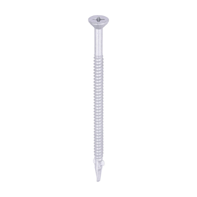 This is an image of Timco - Metal Construction Timber to Light Section Screws - Countersunk - Wing-Tip - Self-Drilling - Exterior - Silver Organic 5.5 x 100mm - (100 PCS Box) LW100S