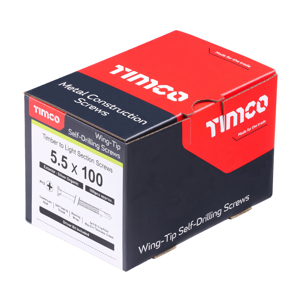 This is an image of Timco - Metal Construction Timber to Light Section Screws - Countersunk - Wing-Tip - Self-Drilling - Exterior - Silver Organic 5.5 x 100mm - (100 PCS Box) LW100S